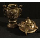 A Japanese Meiji bronze two handled vase, 14cm high; a circular box and cover, applied with