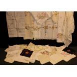 Textiles - lace edged linen and embroidered cotton table cloths, cottage garden pattern and