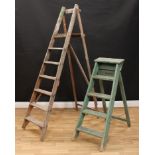 A set of decorate wooden folding step ladders, 183cm high (open); another 104cm high (open) (2)