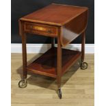 A Sheraton Revival style satinwood crossbanded mahogany and marquetry butler's trolley, rounded