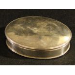 A George I silver oval tobacco box, quite plain, reeded border, 9.5cm wide, apparently unmarked, c.