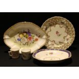 A Chelsea-Derby shaped dessert dish, painted in polychrome with flowers, Smith's blue border with