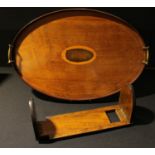 A 19th century mahogany oval inlaid tray, brass handles, 60cm long; a walnut book slide (2)