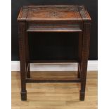 An unusual oak box or bible table, hinged rectangular top incise carved in the 17th century taste,