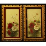 A pair of Victorian floral oil paintings on glass, in pierced gilt and velvet frames, 75.5cm x 44.