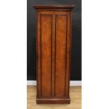 An unusual '19th century' burr oak cabinet, fitted as a hall robe, outswept cornice above a panel