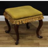A Victorian mahogany stool, stuffed over upholstery, cabriole legs, scroll feet, 46cm high, 50cm