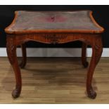 A Louis XVI design shaped square writing or card table, hipped incurve top, serpentine apron