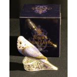 A Royal Crown Derby paperweight, Violet Budgerigar, gold stopper, boxed