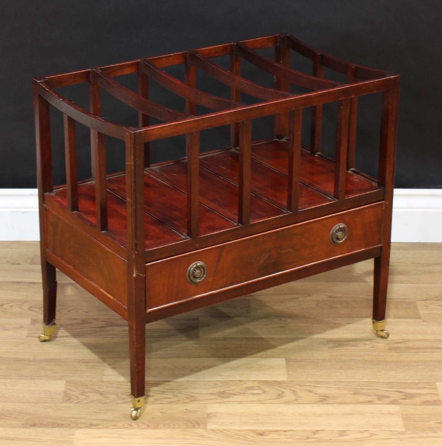 A George III style mahogany five section Canterbury, rectangular gallery above a frieze drawer,