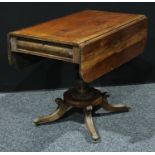 A Regency mahogany Pembroke table, rectangular top with fall leaves above a single frieze drawer,