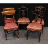 A pair of Regency mahogany bar back dining chairs; a pair of later boudoir side chairs; another,