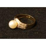 An 18ct gold and diamond dress ring, set with a single pearl, marked 750 18K