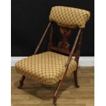 An Aesthetic Movement mahogany drawing room chair, unusual Aztec inspired splat, fluted