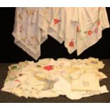 Textiles - lace edged linen and embroidered cotton table cloths, cottage garden pattern and