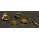 A 9ct gold ring, 4.2g; a bloodstone swivel fob seal; a pair of Japanese yellow metal earrings, 5.6g;