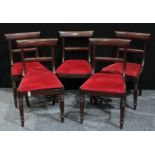 A set of five George IV mahogany bar back dining chairs, drop in seats, turned legs (5)