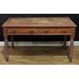 A late Victorian oak library table, moulded rectangular top above a pair of frieze drawers,
