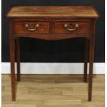 A George III mahogany crossbanded oak side table, oversailing rectangular top above a pair of