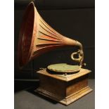 A Dulcephone oak cased table top horned gramophone