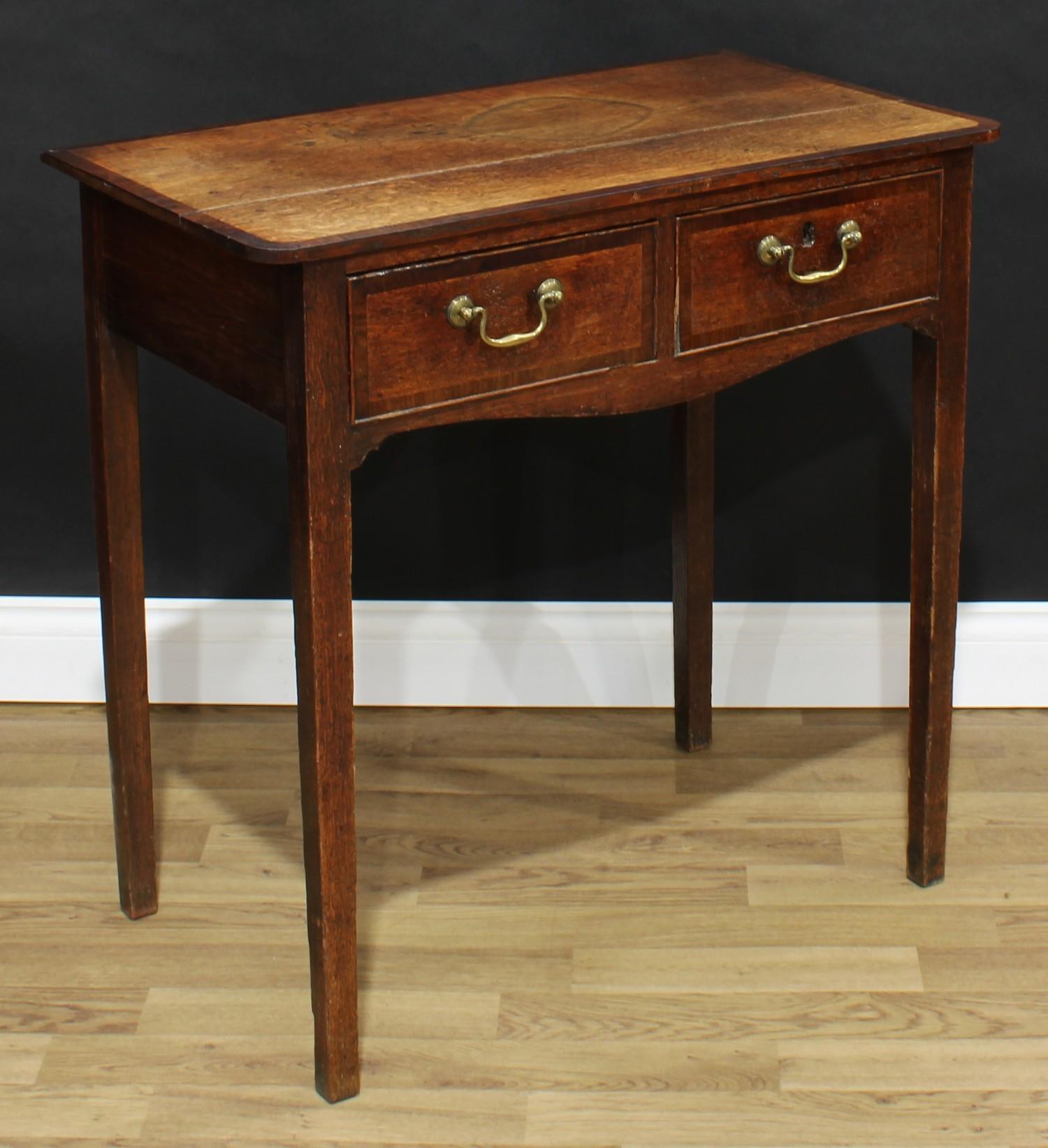 A George III mahogany crossbanded oak side table, oversailing rectangular top above a pair of - Bild 2 aus 2