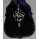 A fine quality sapphire, diamond and natural pearl Belle Epoque necklace, open scrolling pendant