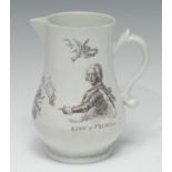A Worcester King of Prussia bulbous jug, printed in monochrome with an engraving after Robert
