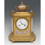 A 19th century French porcelain mounted ormolu mantel clock, 9.5cm circular enamel dial inscribed