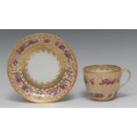 A Derby Bute shaped teacup and saucer, painted by William Billingsley, with gilt panels of roses,