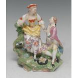 A Derby Patch Mark figural group, Pastoral Group, a gallant charms a shepherdess, painted in