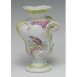A Derby Patch Mark asymmetrical rococo vase, painted by the Principle Bird painter, with bird to