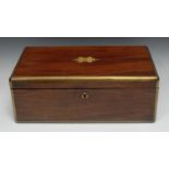 A William IV/early Victorian mahogany brass bound writing box, hinged cover enclosing an inset