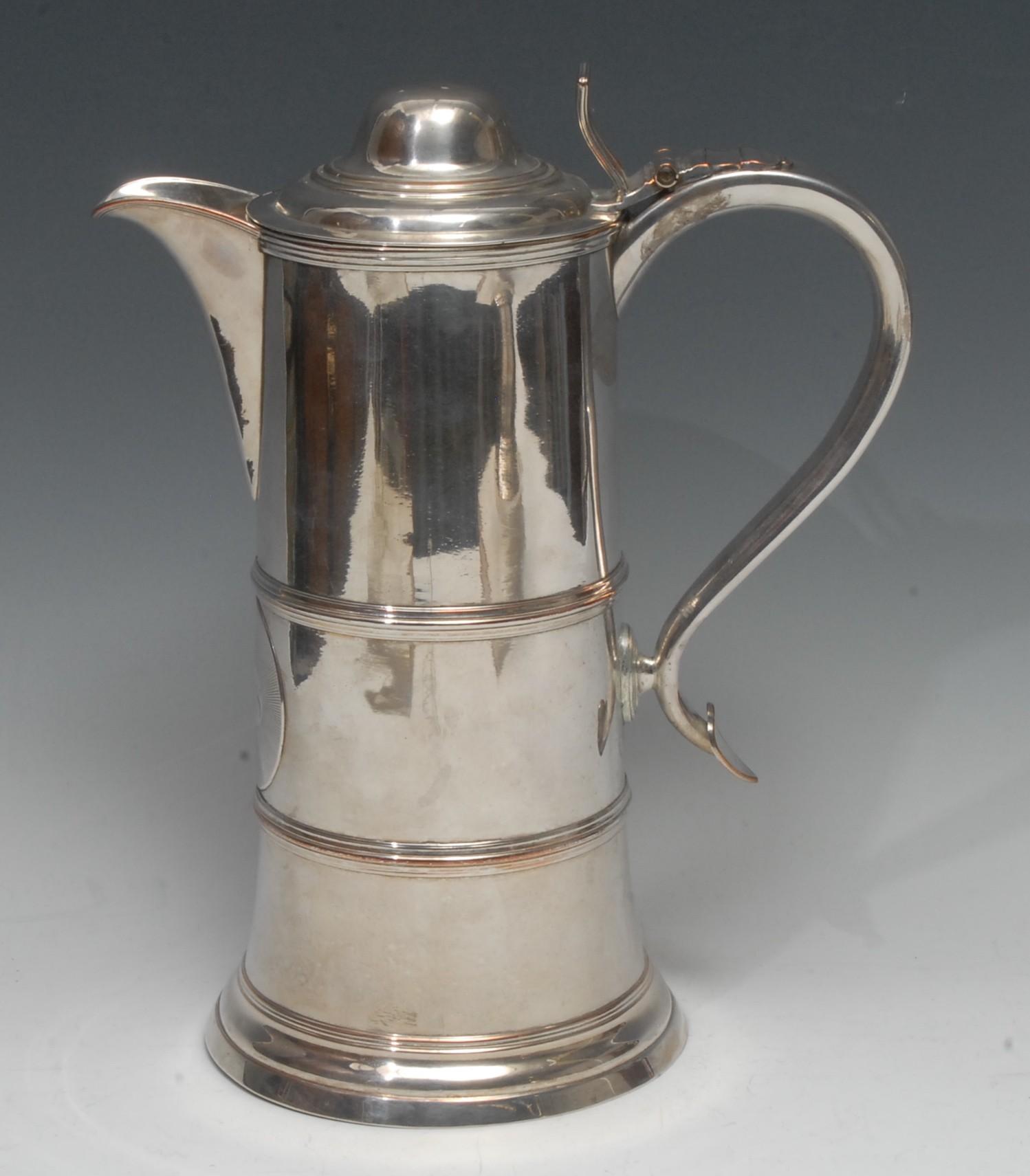 A George III Old Sheffield plate cylindrical communion flagon, hinged domed cover, incurved open-