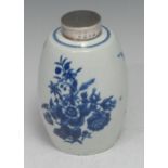 A Worcester silver-mounted Three Flowers pattern tea canister, printed in underglaze blue, the