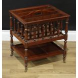 A 19th century mahogany four-section Canterbury, turned spindles, gallery undertier, brass