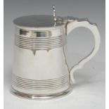 A Victorian E.P.N.S cylindrical pint tankard, of George III design, hinged cover with pierced