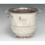 A George III Old Sheffield Plate half-fluted wine cooler, Bacchic mask handles, gadrooned rim,