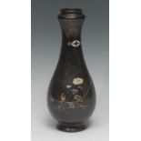 A Japanese bronze, mixed metal and enamel baluster vase, applied in silver and gold coloured