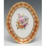 A Derby lozenge dish, painted by John Brewer, with bouquet of colourful summer flowers, the rim with