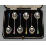 A set of six Art Deco silver and polychrome enamel coffee spoons, William Hair Haseler, Birmingham