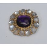 A 19th century amethyst and moonstone brooch, central cushion cut amethyst approx 14mm x 13mm x