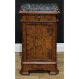 A 19th century walnut bedroom cabinet, verde antico marble top above a quarter-veneered pot cupboard