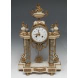 A Louis XVI Revival ormolu mounted white and grey marble mantel clock, 10cm convex enamel dial