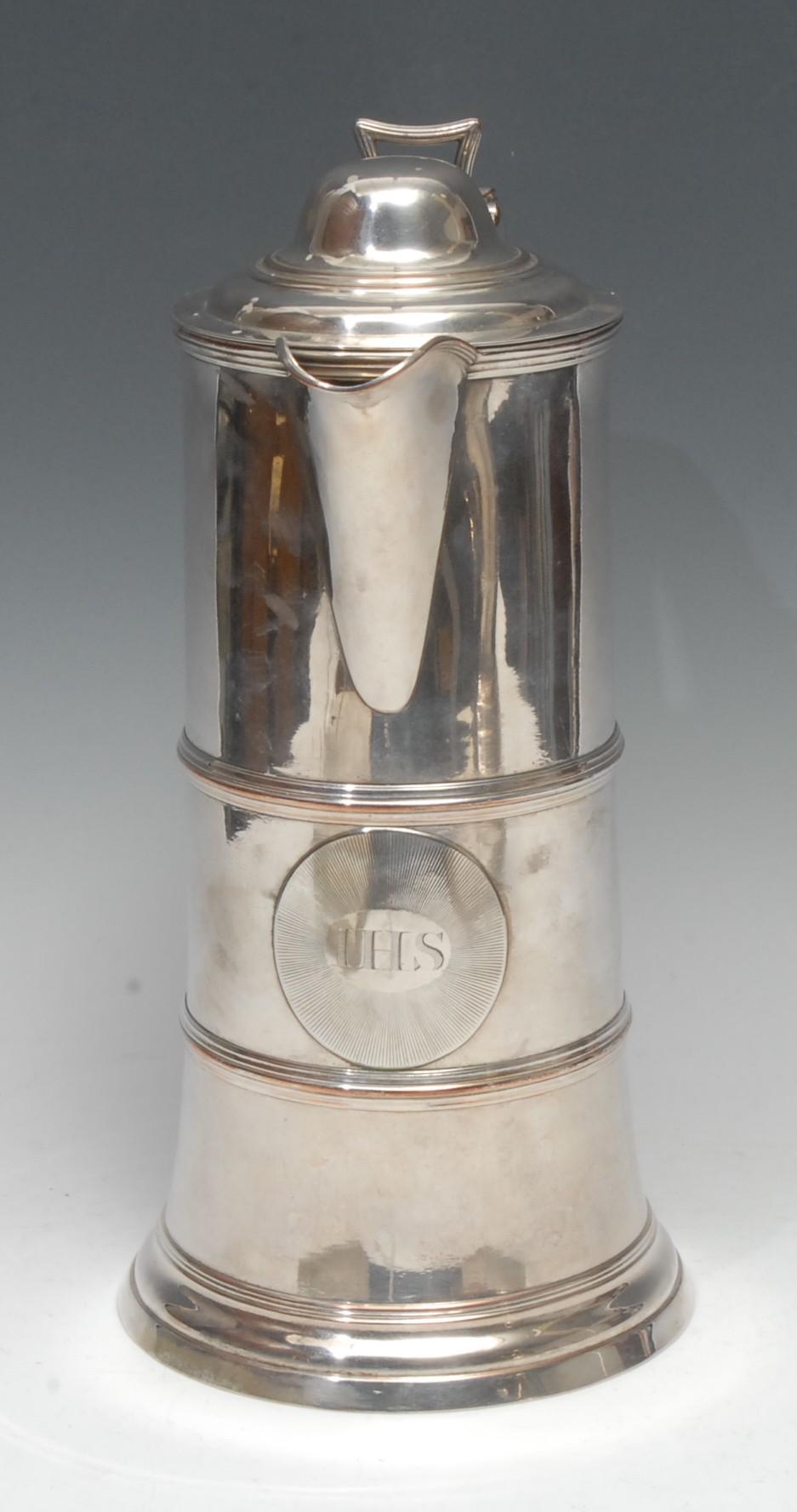 A George III Old Sheffield plate cylindrical communion flagon, hinged domed cover, incurved open- - Bild 2 aus 2