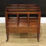 A George IV mahogany rectangular three-section Canterbury, drawer to base, outlined with ebony