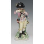 A Derby Patch Mark figure, French Season, Allegorical of Spring, he stands wearing a black brimmed