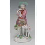 A Derby Patch Mark figure, of a shepherd playing a reed pipe, taken from a Meissen original by JJ