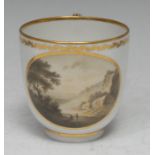 A Derby Named View coffee cup, painted in sepia by Zachariah Boreman, with View on the Dove,