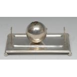 Cricket - an Edwardian silver and enamel novelty inkstand, as a cricket ball between two sets of