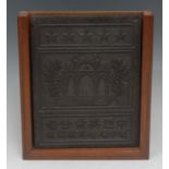 A Chinese rectangular tea brick, in relief with stars, a gateway and verse, 23.5cm x 18.5cm,